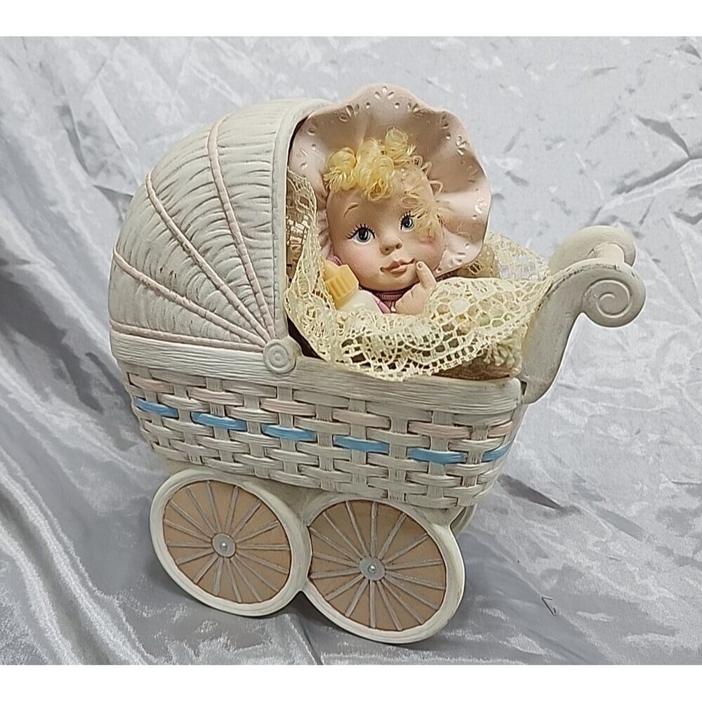 Vintage Ceramic Baby Girl Buggy Figurine Lace Trim Pastel Nursery Decor
